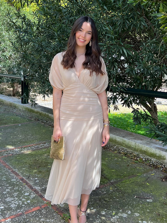 Vestido gasa escote beige