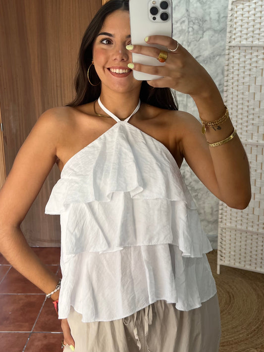 Top halter volantes blanco