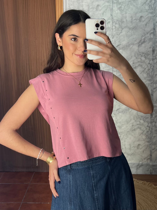 Camiseta volante tachuela rosa