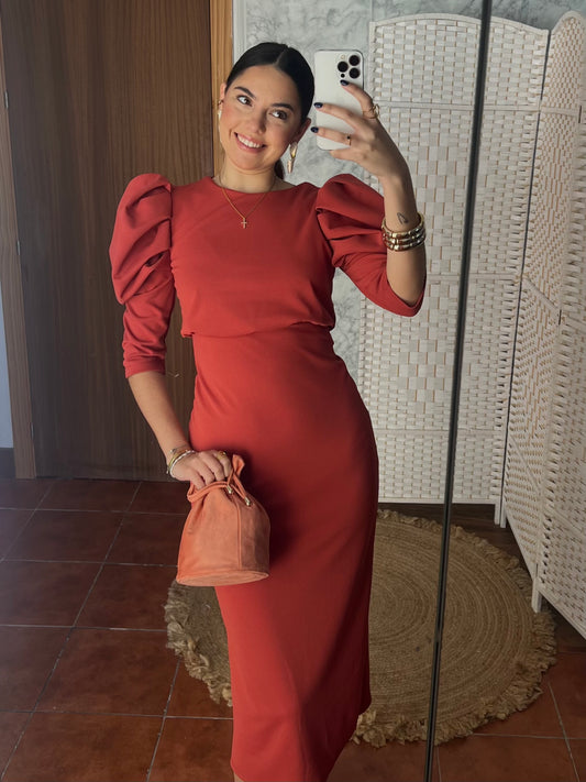 Vestido manga abullonada salmón