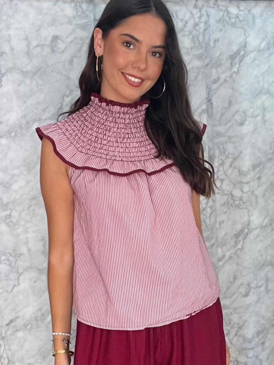 Blusa babero panel de abeja rayas vino