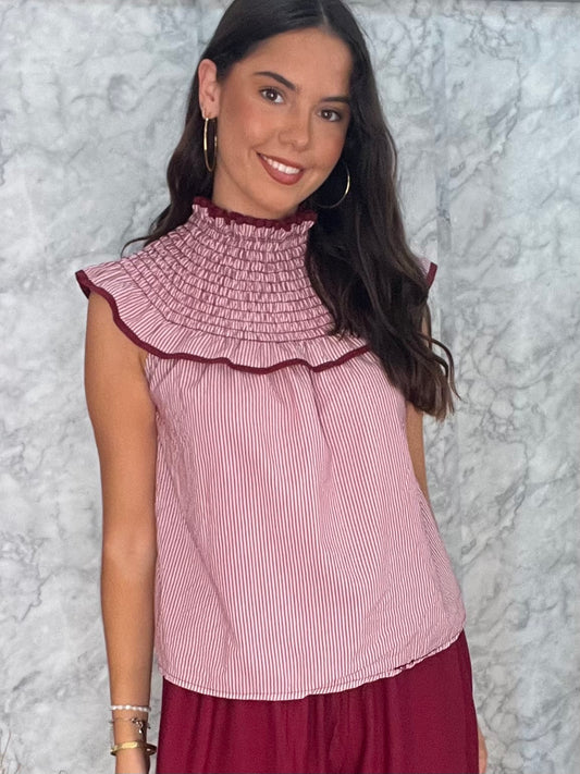 Blusa babero panel de abeja rayas vino